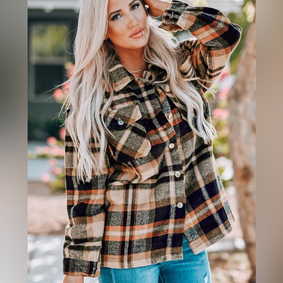 PLAID BUTTON FRONT SHIRT JACKET BREAST POCKETS - Picture 2 of 5